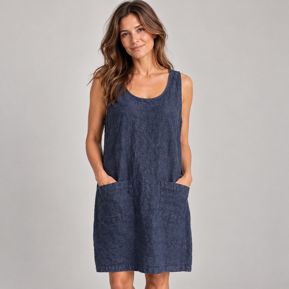 Garnet Hill Navy Blue 100% Linen Sleeveless Shift Dress with Pockets Large